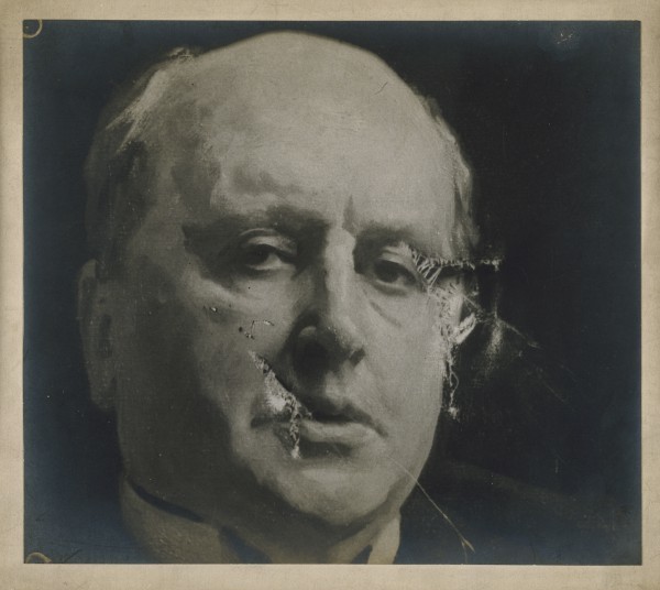 J.S. Sargent, Detail of the portrait of Henry James O.M. after being damaged by a suffragette, May 1914, ca. May 1914. Silver gelatin print mounted on card. 25 x 28.3 cm. Photo: R.A. © Royal Academy of Arts, London.